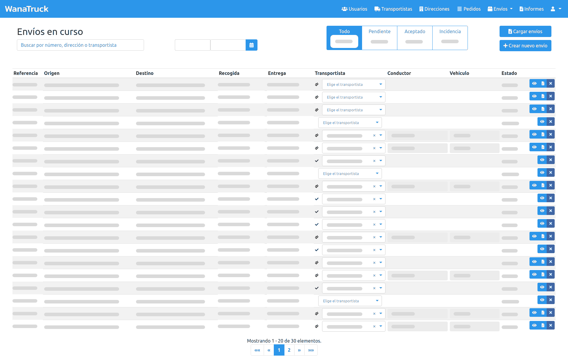 Nuestros módulos Imagen del dashboard de envíos en curso monitorizados por wana-cargo