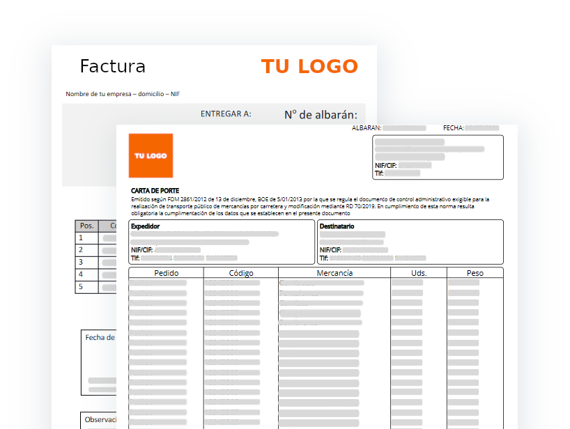 wana-invoice Imagen del albarán y carta de porte superpuestas generadas con wana-invoice